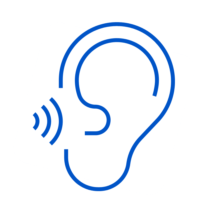 Stylised blue ear outlined on a gray square background, symbolizing hearing or audio.