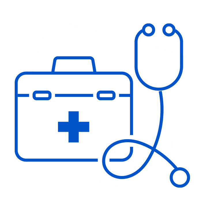 A blue outline of a medical briefcase with a cross, combined with a stethoscope, is set against a gray, rounded square.