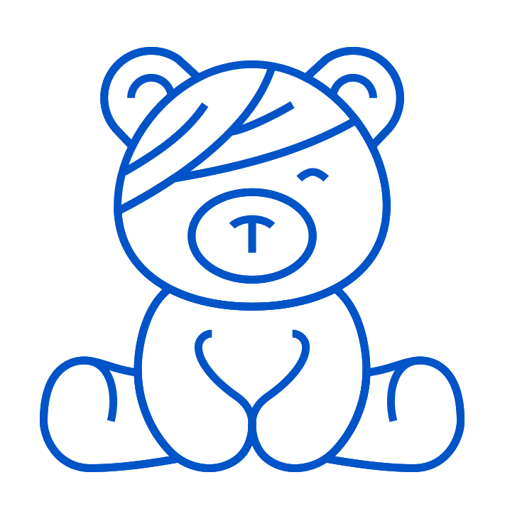 Icon of a blue outlined teddy bear with a bandage over one eye