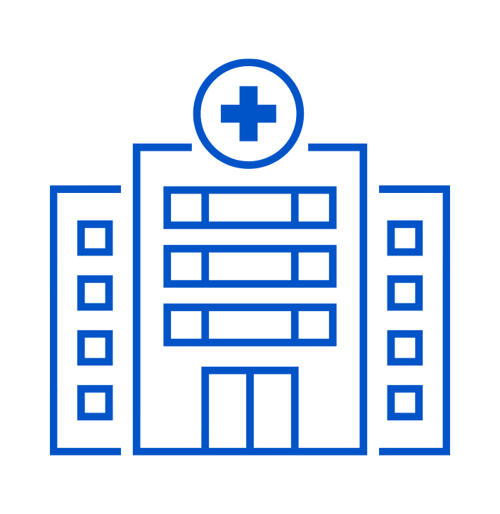 Icon of a hospital, featuring a blue outline of a building with a cross on top, set against a tilted gray square background.