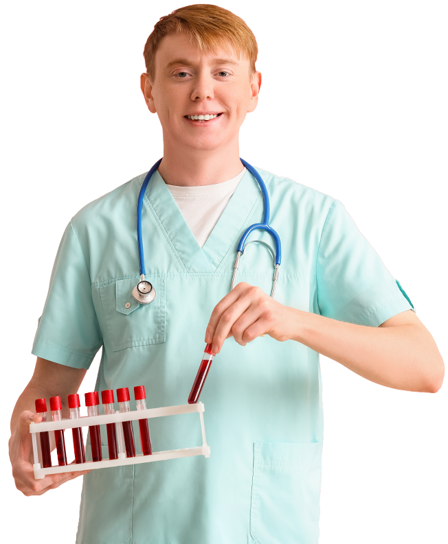 Male nurse with blood test tubes