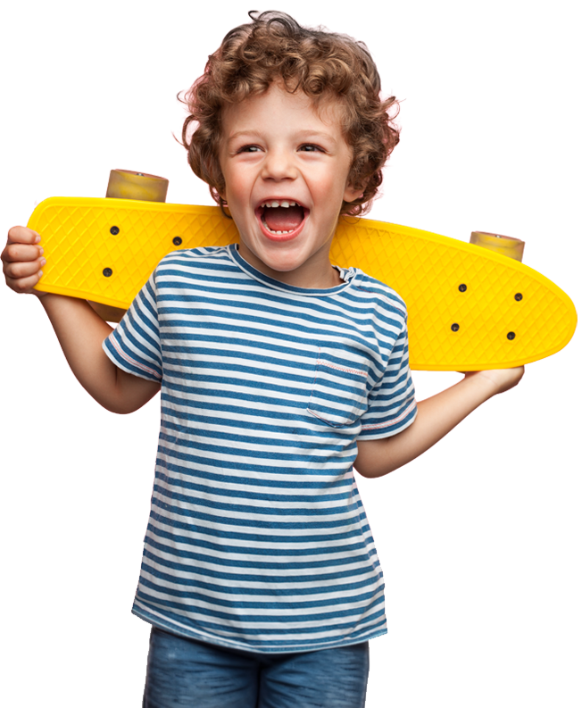 Smiling child with curly hair holds a yellow skateboard behind their head, wearing a blue striped shirt.