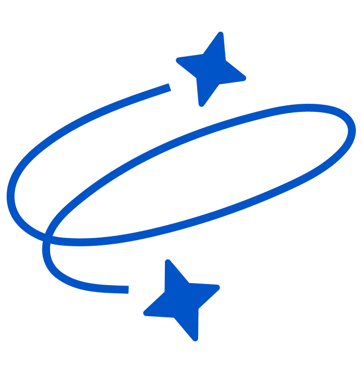A gray square with rounded corners is intersected by two blue stars connected by a blue orbit line to suggest dizziness