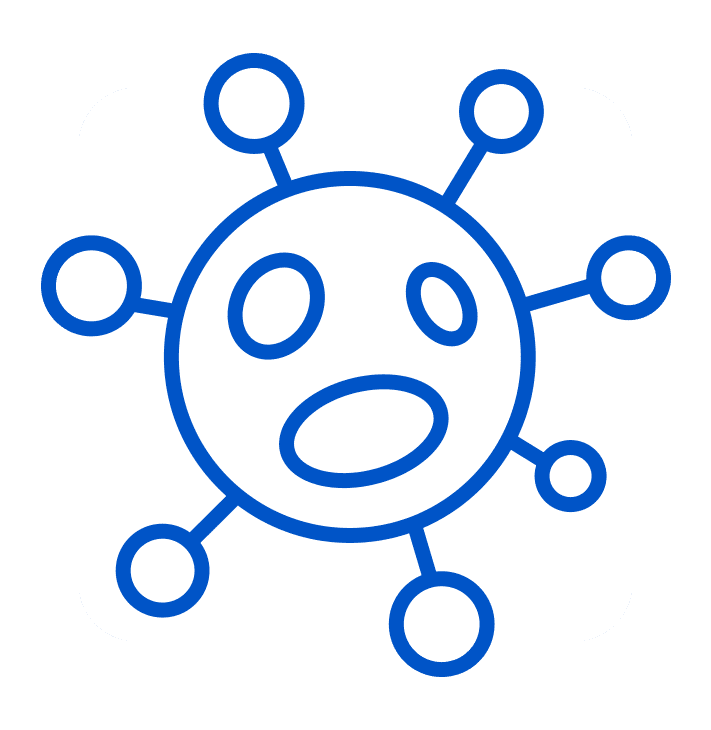 A blue outline of virus, with spikes extending outward, set against a gray square.