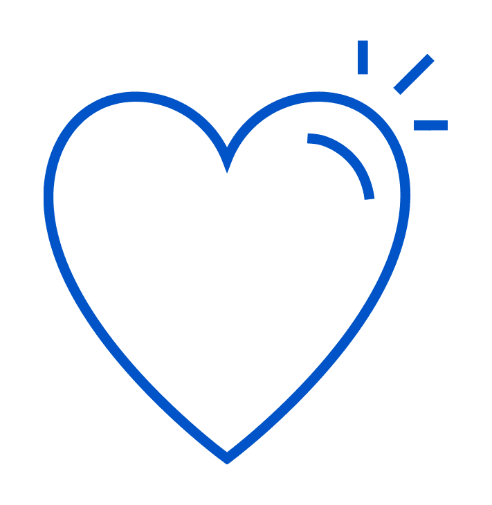 A blue heart outline overlaps a tilted gray square. Three short blue lines at the heart's top right suggest a heart murmur
