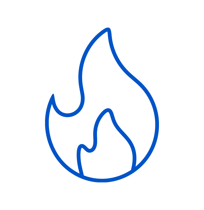 A blue flame outline is centered on a tilted gray square