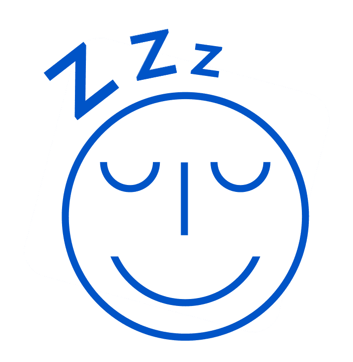 Simple blue line drawing of a smiling face with closed eyes on a tilted gray square. Blue 