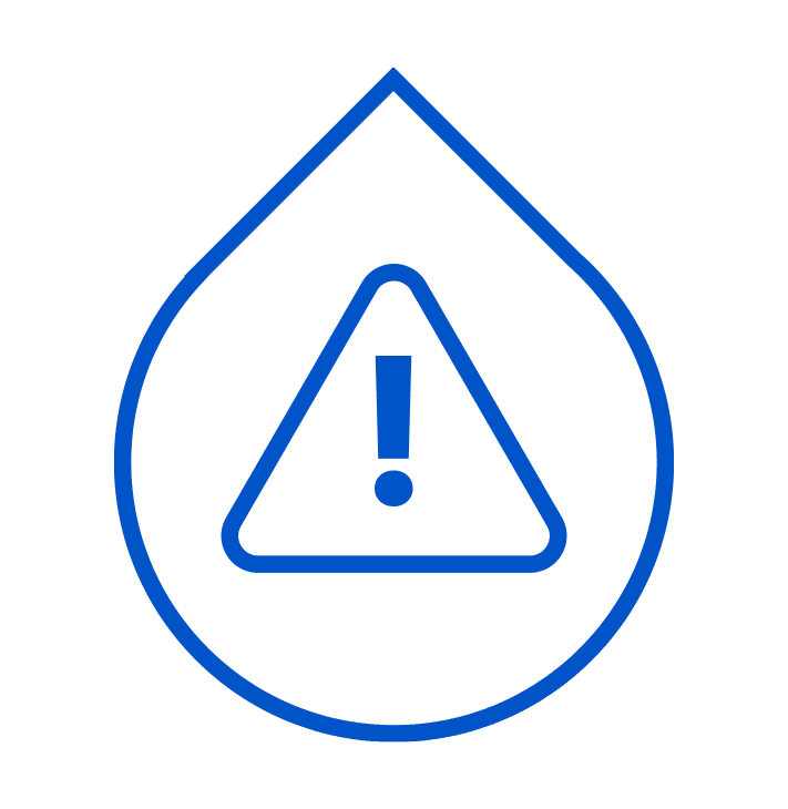 Blue caution icon with exclamation mark inside a triangle, overlaid on a tilted gray square.